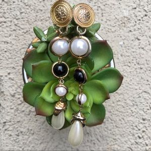 Black gold pearl medallion earrings long Aztec